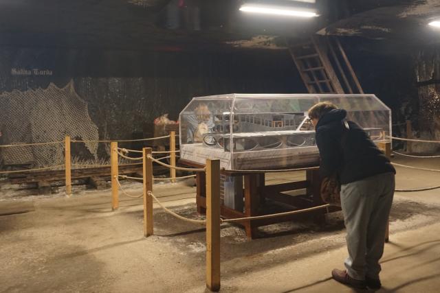 (260724) -- TURDA, July 24, 2026 (Xinhua) -- Visitors get a close-up view of a full-scale model of a defunct salt mine's facilities in Turda, Romania, on July 23, 2026. As a new heat wave sweeps across Europe, the defunct salt mine in Turda has become a popular retreat for visitors seeking to escape the summer heat.
   Featuring recreational facilities such as rowboats, a Ferris wheel and billiard tables, the salt mine maintains a year-round temperature of around 10 to 12 degrees Celsius. (Xinhua/Yao Yulin)