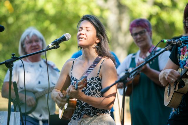 (260725) -- PRAGUE, July 25, 2026 (Xinhua) -- People perform at the 14th Czech Ukulele Festival in Prague, the Czech Republic, July 24, 2026. The 14th Czech Ukulele Festival, running from July 24 to 26, features public performances, concerts and music workshops. (Photo by Dana Kesnerova/Xinhua)