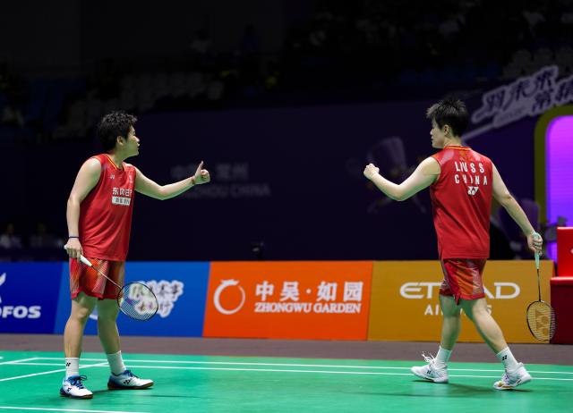(260725) -- CHANGZHOU, July 25, 2026 (Xinhua) -- Liu Shengshu (R)/Tan Ning celebrate a score during the women's doubles semifinal match between Liu Shengshu/Tan Ning of China and Baek Ha Na/Lee So Hee of South Korea at the 2026 China Open badminton tournament in Changzhou, east China's Jiangsu Province, July 25, 2026. (Xinhua/Sun Fei)