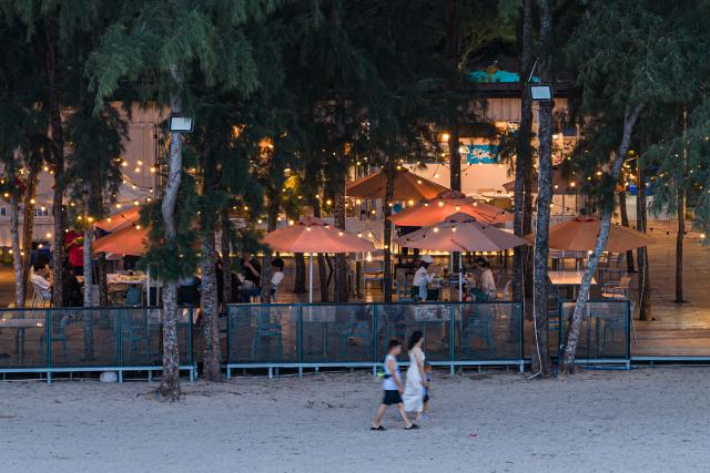 (260725) -- QIONGHAI, July 25, 2026 (Xinhua) -- A drone photo taken on July 24, 2026 shows tourists dinning at a sea-view restaurant in Paigang Village of Tanmen Town, Qionghai City, south China's Hainan Province. Building on the unique identities of Boao Town, home to the Boao Forum for Asia, and Tanmen Town, a historic fishing port with a thousand-year legacy, Qionghai City has been advancing the coordinated construction of picturesque rural villages across the Boao-Tanmen area. Taking advantage of Hainan's round-the-island highway, the city has linked both newly constructed and previously cultivated beautiful and harmonious villages into a cohesive chain to forge a globally influential rural revitalization belt. (Xinhua/Pu Xiaoxu)
