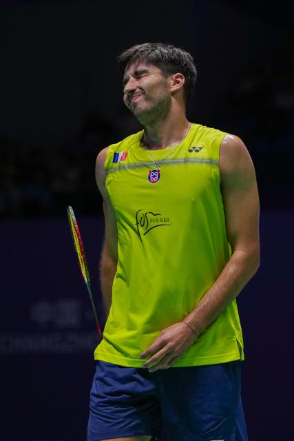 (260725) -- CHANGZHOU, July 25, 2026 (Xinhua) -- Toma Junior Popov reacts during the men's singles semifinal match between Toma Junior Popov of France and Victor Lai of Canada at the China Open 2026 badminton tournament in Changzhou, east China's Jiangsu Province, July 25, 2026. (Xinhua/Li Bo)