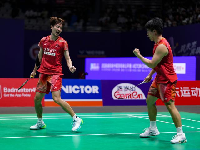 (260725) -- CHANGZHOU, July 25, 2026 (Xinhua) -- Liang Weikeng/Wang Chang (L) celebrate a score during the men's doubles semifinal match between Liang Weikeng/Wang Chang of China and Fajar Alfian/Muhammad Shohibul Fikri of Indonesia at the China Open 2026 badminton tournament in Changzhou, east China's Jiangsu Province, July 25, 2026. (Xinhua/Sun Fei)