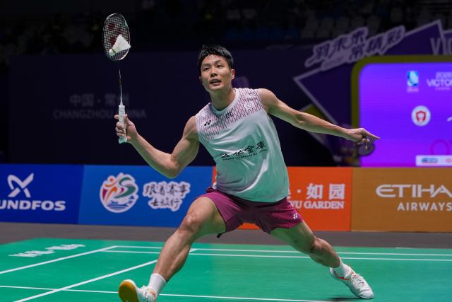 (260725) -- CHANGZHOU, July 25, 2026 (Xinhua) -- Chou Tien Chen competes during the men's singles semifinal match between Chou Tien Chen of Chinese Taipei and Lin Chun-Yi of Chinese Taipei at the China Open 2026 badminton tournament in Changzhou, east China's Jiangsu Province, July 25, 2026. (Xinhua/Li Bo)