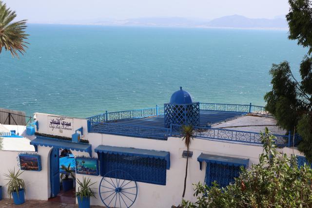 (260725) -- TUNIS, July 25, 2026 (Xinhua) -- This photo taken on July 25, 2026, shows a view of the Gulf of Tunis seen from the blue and white village of Sidi Bou Said, north of Tunisia. Tunisia's iconic village of Sidi Bou Said has been inscribed on the UNESCO World Heritage List, the country's Ministry of Cultural Affairs said on Saturday. (Photo by Zhou Haojin/Xinhua)