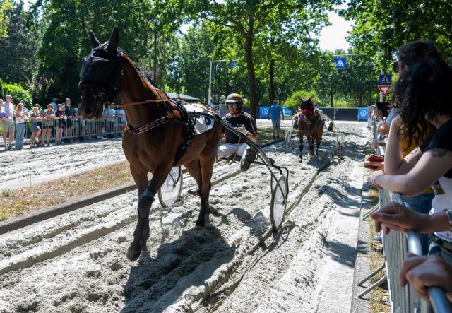 (260725) -- VOORSCHOTEN, July 25, 2026 (Xinhua) -- Horses race in the annual short-distance horse race, a tradition dating back to 1924 in Voorschoten, the Netherlands, July 25, 2026. (Photo by Monique Shaw/Xinhua)