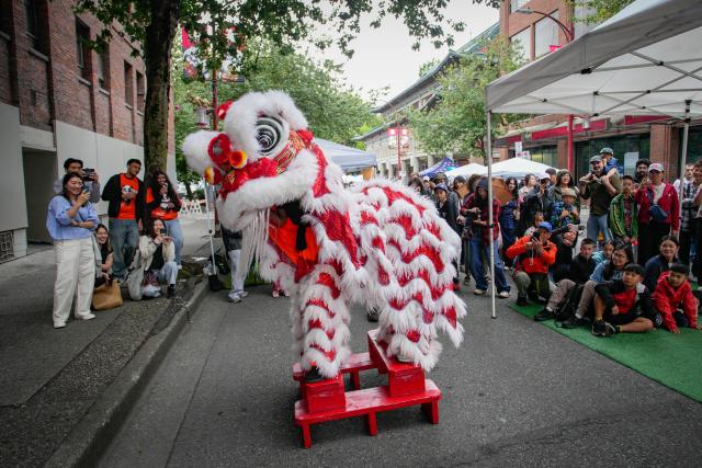 (260726) -- VANCOUVER, July 26, 2026 (Xinhua) -- People watch a lion dance performance during the Chinatown Festival in Vancouver, British Columbia, Canada, July 25, 2026. The two-day cultural festival kicked off here on Saturday, celebrating the heritage of Vancouver's historic Chinatown with traditional cultural performances, local food vendors and family-friendly activities. (Photo by Liang Sen/Xinhua)