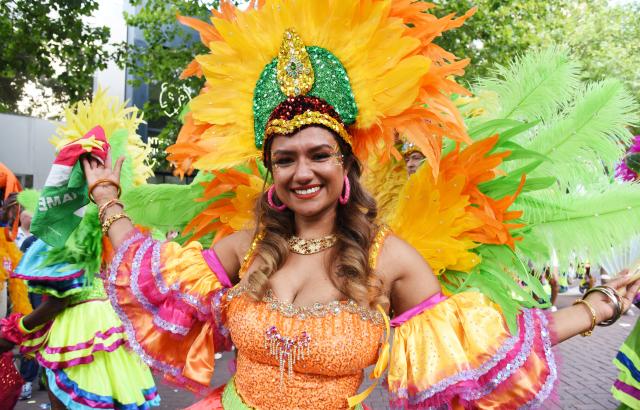 (260726) -- BEIJING, July 26, 2026 (Xinhua) -- A dancer performs during the Rotterdam Summer Carnival, which was inscribed on UNESCO's Intangible Cultural Heritage, in Rotterdam, the Netherlands, July 25, 2026. (Xinhua/Shao Haijun)