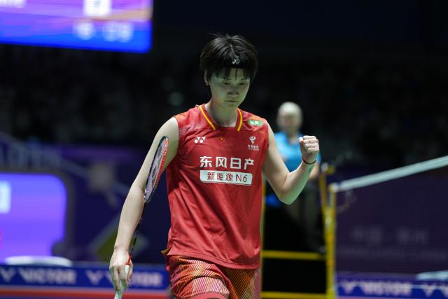 (260726) -- CHANGZHOU, July 26, 2026 (Xinhua) -- Chen Yufei celebrates scoring during the women's singles final match between Chen Yufei of China and Yamaguchi Akane of Japan at the 2026 China Open badminton tournament in Changzhou, east China's Jiangsu Province, July 26, 2026. (Xinhua/Sun Fei)