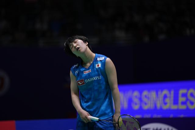 (260726) -- CHANGZHOU, July 26, 2026 (Xinhua) -- Yamaguchi Akane reacts during the women's singles final match between Chen Yufei of China and Yamaguchi Akane of Japan at the 2026 China Open badminton tournament in Changzhou, east China's Jiangsu Province, July 26, 2026. (Xinhua/Li Bo)