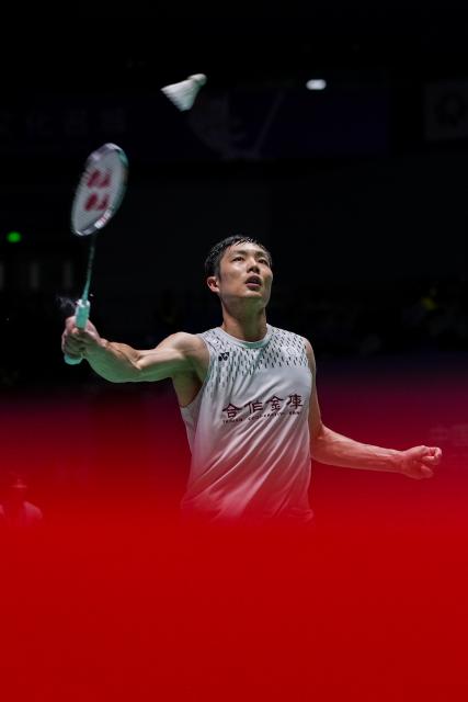 (260726) -- CHANGZHOU, July 26, 2026 (Xinhua) -- Chou Tien Chen competes during the men's singles final match between Chou Tien Chen of Chinese Taipei and Toma Junior Popov of France at the China Open 2026 badminton tournament in Changzhou, east China's Jiangsu Province, July 26, 2026. (Xinhua/Li Bo)