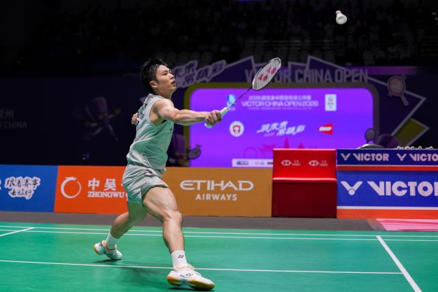 (260726) -- CHANGZHOU, July 26, 2026 (Xinhua) -- Chou Tien Chen competes during the men's singles final match between Chou Tien Chen of Chinese Taipei and Toma Junior Popov of France at the China Open 2026 badminton tournament in Changzhou, east China's Jiangsu Province, July 26, 2026. (Xinhua/Li Bo)
