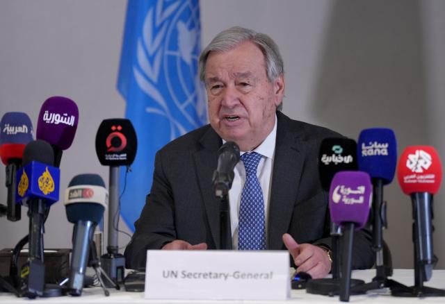 (260726) -- DAMASCUS, July 26, 2026 (Xinhua) -- UN Secretary-General Antonio Guterres hosts a press conference during his visit to Syria in Damascus, Syria, July 26, 2026. Guterres visited Syria on Saturday, pledging continued UN support for the country's recovery and reconstruction in the first visit by a UN chief to Damascus since 2009. (Photo by Ammar Safarjalani/Xinhua)