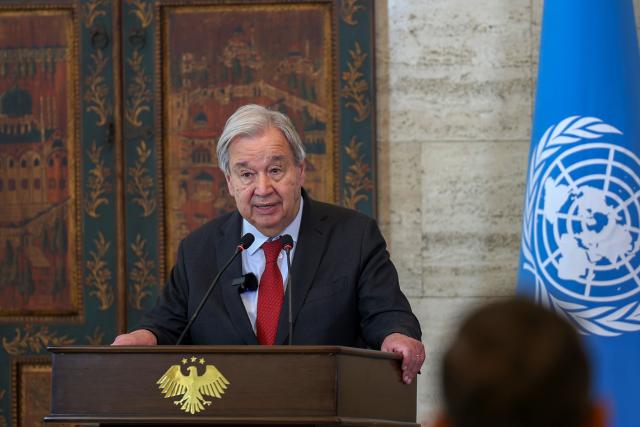(260726) -- DAMASCUS, July 26, 2026 (Xinhua) -- UN Secretary-General Antonio Guterres speaks during a joint press conference with Syrian foreign chief Asaad al-Shaibani in Damascus, Syria, July 25, 2026. UN Secretary-General Antonio Guterres visited Syria on Saturday, pledging continued UN support for the country's recovery and reconstruction in the first visit by a UN chief to Damascus since 2009. (Xinhua)