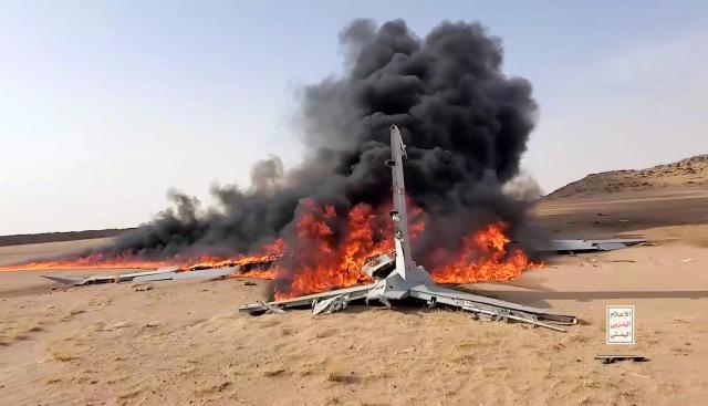 (260726) -- SANAA, July 26, 2026 (Xinhua) -- A drone is on fire after it was shot down in Al-Jawf province, Yemen, July 26, 2026. Yemen's Houthi group claimed Sunday it has shot down a Saudi-operated reconnaissance drone over the northern province of Al-Jawf. (Houthi Media Center/Handout via Xinhua)