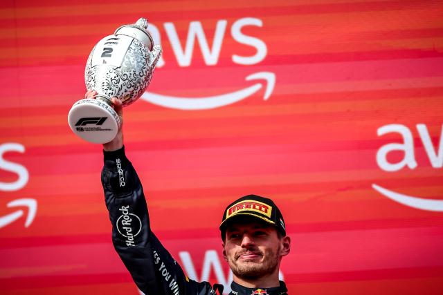 (260727) -- MOGYOROD, July 27, 2026 (Xinhua) -- Red Bull's Dutch driver Max Verstappen reacts during the awarding ceremony after the Formula One Hungarian Grand Prix at the Hungaroring in Mogyorod, near Budapest, Hungary, July 26, 2026. (Photo by David Balogh/Xinhua)