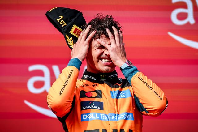 (260727) -- MOGYOROD, July 27, 2026 (Xinhua) -- McLaren's Lando Norris of Britain reacts during the awarding ceremony after the Formula One Hungarian Grand Prix at the Hungaroring in Mogyorod, near Budapest, Hungary, July 26, 2026. (Photo by David Balogh/Xinhua)