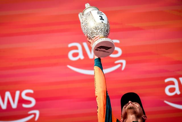 (260727) -- MOGYOROD, July 27, 2026 (Xinhua) -- McLaren's Lando Norris of Britain reacts during the awarding ceremony after the Formula One Hungarian Grand Prix at the Hungaroring in Mogyorod, near Budapest, Hungary, July 26, 2026. (Photo by David Balogh/Xinhua)