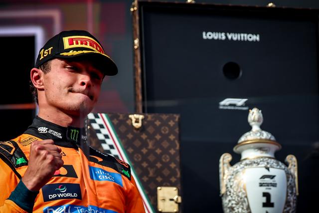 (260727) -- MOGYOROD, July 27, 2026 (Xinhua) -- McLaren's Lando Norris of Britain reacts during the awarding ceremony after the race of the Formula One Hungarian Grand Prix at the Hungaroring in Mogyorod, near Budapest, Hungary, July 26, 2026. (Photo by David Balogh/Xinhua)