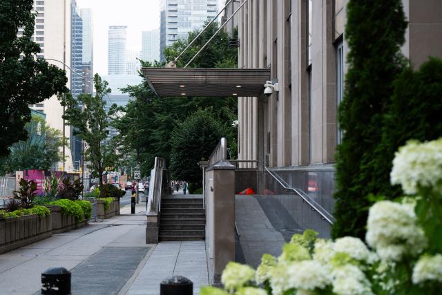 (260728) -- TORONTO, July 28, 2026 (Xinhua) -- This photo taken on July 27, 2026 shows the walkway outside the U.S. Consulate in downtown Toronto, Canada. The U.S. Consulate in downtown Toronto was targeted in a shooting early Monday morning, marking the second time this year the building has been attacked, according to local media reports. (Photo by Li Haitao/Xinhua)