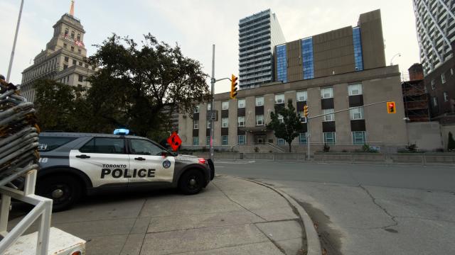 (260728) -- TORONTO, July 28, 2026 (Xinhua) -- A police vehicle is seen near the U.S. Consulate in downtown Toronto, Canada, July 27, 2026. The U.S. Consulate in downtown Toronto was targeted in a shooting early Monday morning, marking the second time this year the building has been attacked, according to local media reports. (Photo by Li Haitao/Xinhua)