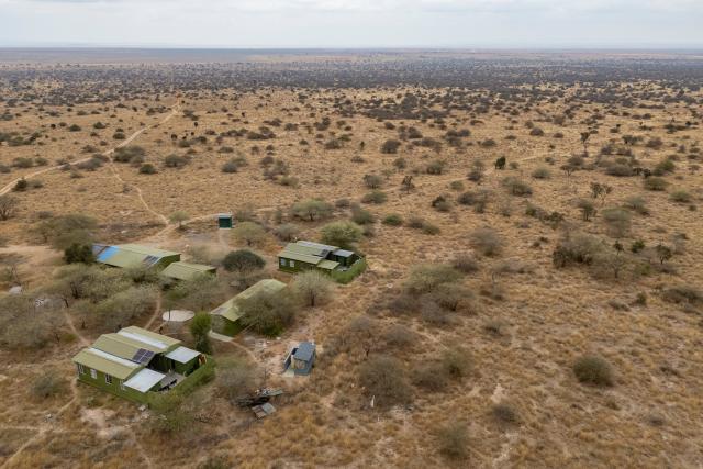 (260728) -- KAJIADO, July 28, 2026 (Xinhua) -- An aerial drone photo taken on July 22, 2026 shows a camp of Team Lioness at Ole Narika conservancy in Kajiado County, Kenya. TO GO WITH "Feature: All-female rangers boost wildlife conservation efforts in Kenya's Amboseli" (Xinhua/Xie Jianfei)