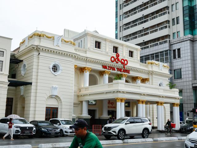 (260728) -- YANGON, July 28, 2026 (Xinhua) -- This photo taken on July 28, 2026 shows a view of the Wazira Cinema in Yangon, Myanmar. Myanmar's century-old Wazira Cinema has officially reopened as an international-standard red-carpet theater in Yangon after a major renovation to preserve its cultural and architectural heritage, the state-owned daily The Global New Light of Myanmar reported on Tuesday. (Xinhua/Myo Kyaw Soe)