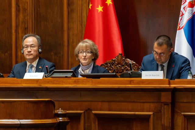 (260728) -- BELGRADE, July 28, 2026 (Xinhua) -- Marina Ragus (C), deputy speaker of the National Assembly and chair of the parliamentary friendship group with China, speaks at a conference, titled "Serbia and China -- Leap into the Future," in Belgrade, Serbia, July 27, 2026. The conference was held at Serbia's National Assembly in Belgrade, bringing together lawmakers, diplomats, business leaders, and representatives of Serbia's Innovation Fund and the Chinese Chamber of Commerce in Serbia to discuss cooperation in digital technologies, research, education and sustainable development.
  TO GO WITH "Serbia, China pledge deeper cooperation in AI, green technology" (Photo by Nemanja Cabric/Xinhua)