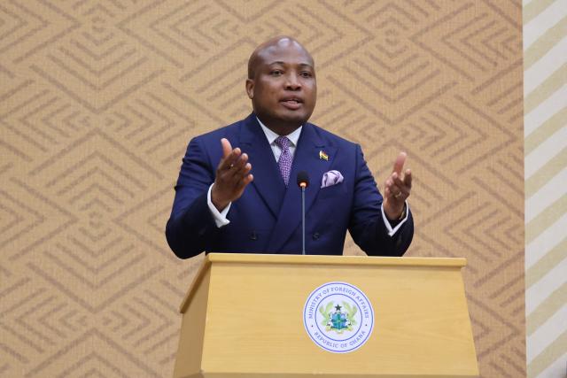 (260728) -- ACCRA, July 28, 2026 (Xinhua) -- Ghanaian Foreign Minister Samuel Okudzeto Ablakwa speaks during a press briefing in Accra, Ghana, on July 27, 2026. At least 132 more Ghanaians fleeing xenophobic unrest in South Africa arrived back home as of Monday as part of the government's planned repatriation of 1,000 nationals, according to Foreign Minister Samuel Okudzeto Ablakwa.
   TO GO WITH "132 more Ghanaians return from South Africa as Ghana seeks continental solution to xenophobic attacks " (Photo by Seth/Xinhua)