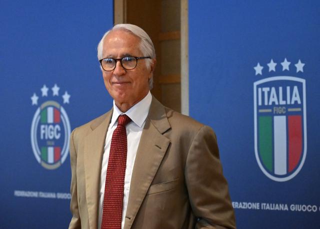 (260728) -- ROME, July 28, 2026 (Xinhua) -- Italian Football Federation President Giovanni Malago, gives a press conference to introduce Roberto Mancini as the new head coach of the Italy men's national football team, in Rome, Italy, July 28, 2026. (Photo by Alberto Lingria/Xinhua)