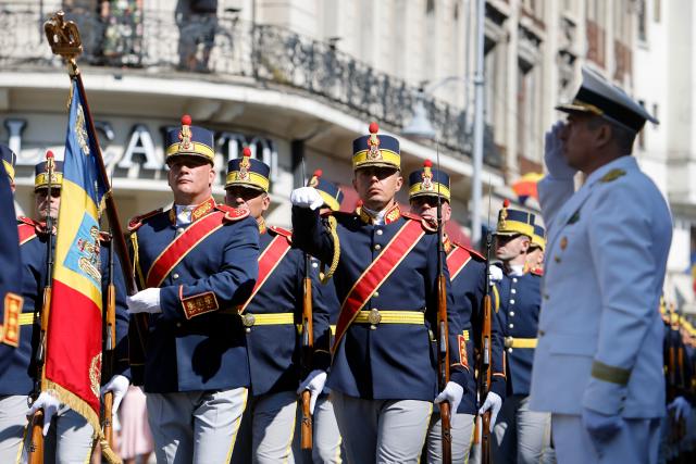 (260729) -- BUCHAREST, July 29, 2026 (Xinhua) -- Soldiers of an honor guard march during ceremonies marking the National Anthem Day in Bucharest, Romania, July 29, 2026. (Photo by Cristian Cristel/Xinhua)