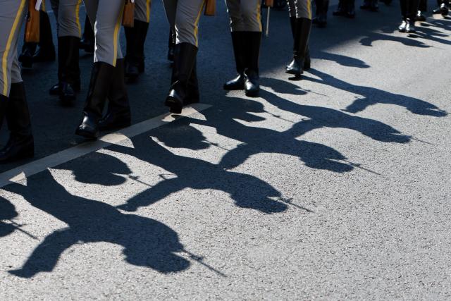 (260729) -- BUCHAREST, July 29, 2026 (Xinhua) -- Soldiers of an honor guard march during ceremonies marking the National Anthem Day in Bucharest, Romania, July 29, 2026. (Photo by Cristian Cristel/Xinhua)