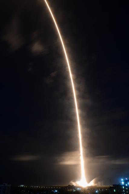 (260729) -- WENCHANG, July 29, 2026 (Xinhua) -- This long-exposure photo taken on July 29, 2026 shows a Long March-7A carrier rocket carrying the Tianlian III-01 satellite blasting off from the Wenchang Spacecraft Launch Site in Wenchang, south China's Hainan Province. Launched at 7:50 p.m. (Beijing Time) aboard the rocket, the satellite entered the preset orbit successfully. (Xinhua/Yang Guanyu)