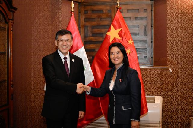 (260729) -- LIMA, July 29, 2026 (Xinhua) -- Chinese President Xi Jinping's special envoy Yin Hejun, also China's minister of science and technology, meets with Peruvian President-elect Keiko Fujimori in Lima, Peru, July 27, 2026. Yin attended the presidential handover ceremony of Peru in Lima on Tuesday at the invitation of the Peruvian government. (Chinese Embassy in Peru/Handout via Xinhua)