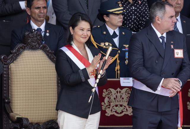 (260729) -- LIMA, July 29, 2026 (Xinhua) -- Peru's President Keiko Fujimori (L) attends the celebration to commemorate the 205th anniversary of Peru's independence in Lima, Peru, July 29, 2026. (Photo by Mariana Bazo/Xinhua)