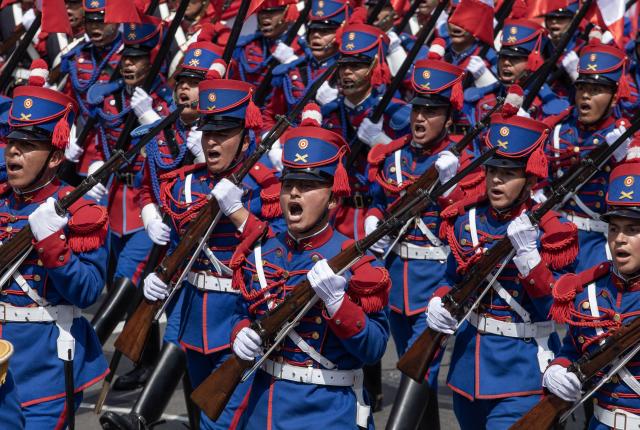(260729) -- LIMA, July 29, 2026 (Xinhua) -- Soldiers participate in a parade to commemorate the 205th anniversary of Peru's independence in Lima, Peru, July 29, 2026. (Photo by Mariana Bazo/Xinhua)
