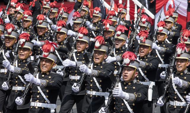 (260729) -- LIMA, July 29, 2026 (Xinhua) -- Soldiers participate in a parade to commemorate the 205th anniversary of Peru's independence in Lima, Peru, July 29, 2026. (Photo by Mariana Bazo/Xinhua)