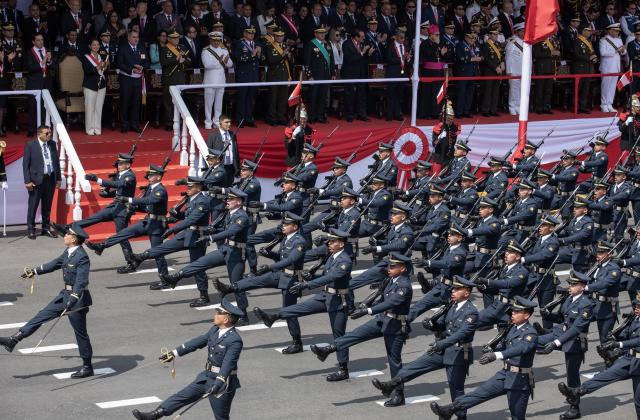 (260729) -- LIMA, July 29, 2026 (Xinhua) -- Soldiers participate in a parade to commemorate the 205th anniversary of Peru's independence in Lima, Peru, July 29, 2026. (Photo by Mariana Bazo/Xinhua)