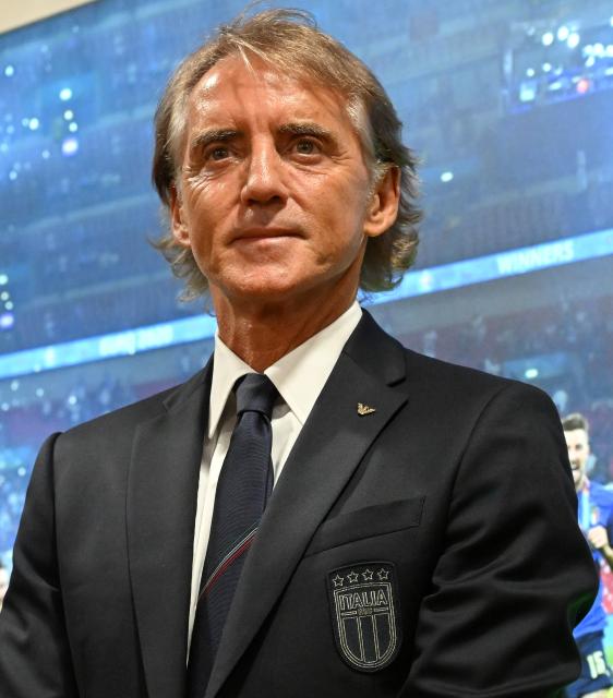 (260730) -- ROME, July 30, 2026 (Xinhua) -- Newly-appointed head coach of the Italy men's national football team Roberto Mancini reacts during a press conference in Rome, Italy, July 29, 2026,Italy. (Photo by Alberto Lingria/Xinhua)