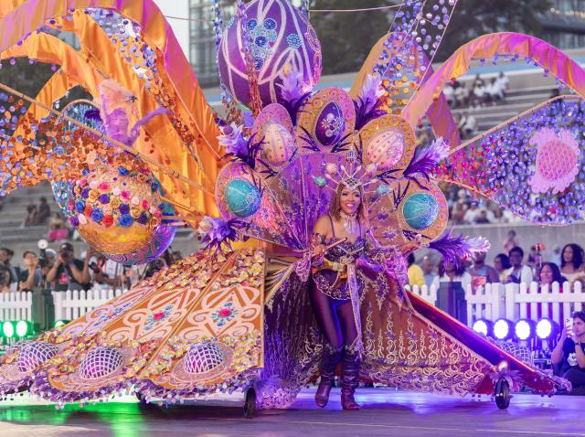 (260731) -- TORONTO, July 31, 2026 (Xinhua) -- A dressed-up competitor performs during the King and Queen Showcase of the 2026 Toronto Caribbean Carnival in Toronto, Canada, on July 30, 2026. Over 30 masqueraders in elaborate costumes participated in this annual event here on Thursday to compete for the titles of King and Queen of the Carnival. (Photo by Zou Zheng/Xinhua)