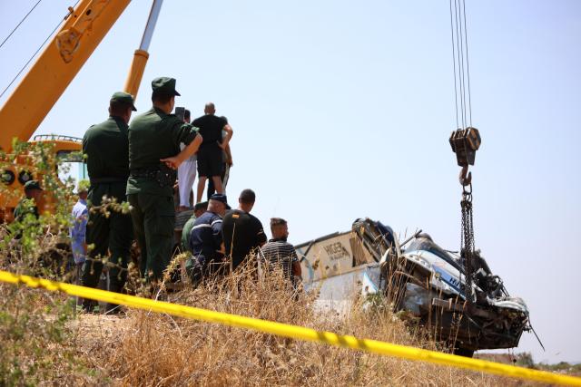 (260731) -- ALGIERS, July 31, 2026 (Xinhua) -- This photo taken on July 31, 2026 shows the scene after a bus accident in Boumerdes, Algeria. At least 25 people were killed and 44 others injured on Friday when a passenger bus crashed in Algeria's northern province of Boumerdes, about 55 km east of the capital Algiers, the Civil Protection Department said. (Photo by Billel Bensalem/Xinhua)