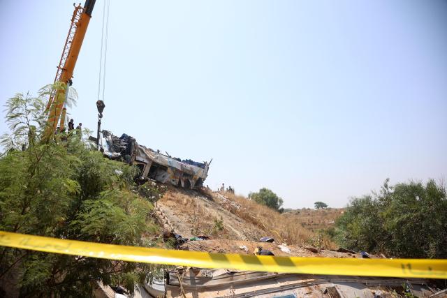 (260731) -- ALGIERS, July 31, 2026 (Xinhua) -- This photo taken on July 31, 2026 shows the scene after a bus accident in Boumerdes, Algeria. At least 25 people were killed and 44 others injured on Friday when a passenger bus crashed in Algeria's northern province of Boumerdes, about 55 km east of the capital Algiers, the Civil Protection Department said. (Photo by Billel Bensalem/Xinhua)