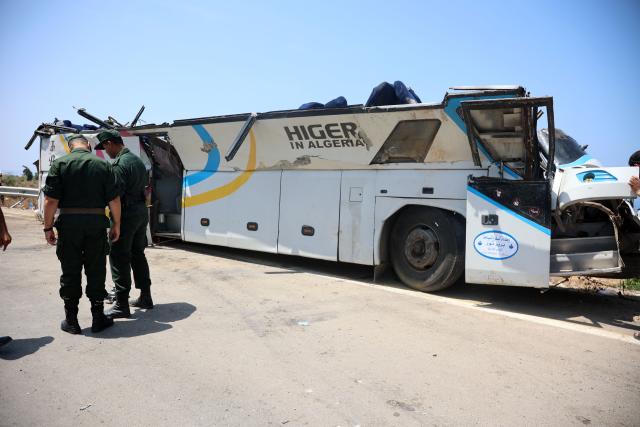 (260731) -- ALGIERS, July 31, 2026 (Xinhua) -- This photo taken on July 31, 2026 shows the scene after a bus accident in Boumerdes, Algeria. At least 25 people were killed and 44 others injured on Friday when a passenger bus crashed in Algeria's northern province of Boumerdes, about 55 km east of the capital Algiers, the Civil Protection Department said. (Photo by Billel Bensalem/Xinhua)