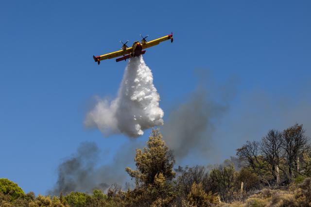 (260731) -- ATHENS, July 31, 2026 (Xinhua) -- A firefighting aircraft drops water over wildfire on the slopes of Mount Poikilo in the Haidari district of western Athens, Greece, July 31, 2026. Strong winds fueled multiple wildfires across Greece on Friday, forcing hundreds of people to be evacuated by sea while firefighters battled more than 70 wildfires nationwide. (Photo by Lefteris Partsalis/Xinhua)