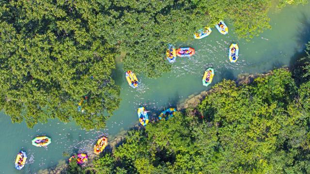 (260802) -- CHUZHOU, Aug. 2, 2026 (Xinhua) -- A drone photo taken on Aug. 2, 2026 shows tourists enjoying drifting at the Langya Mountain scenic area in Chuzhou, east China's Anhui Province. Located in the southwest of Chuzhou, the Langya Mountain scenic area is home to the renowned Zuiweng Pavilion, which was featured in a celebrated essay by Northern Song Dynasty literary figure Ouyang Xiu. In summer, the scenic area attracts visitors with daytime sightseeing and nighttime markets. (Photo by Ji Chengjun/Xinhua)