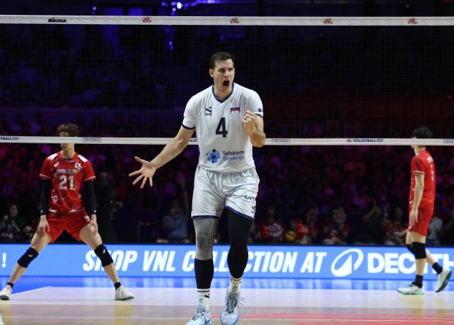 (260802) -- NINGBO, Aug. 2, 2026 (Xinhua) -- Jan Kozamernik (C) of Slovenia celebrates during the 3rd-place match between Slovenia and Japan at the 2026 Volleyball Nations League (VNL) Men's Final Round in Ningbo, east China's Zhejiang Province, Aug. 2, 2026. (Photo by Suo Xianglu/Xinhua)