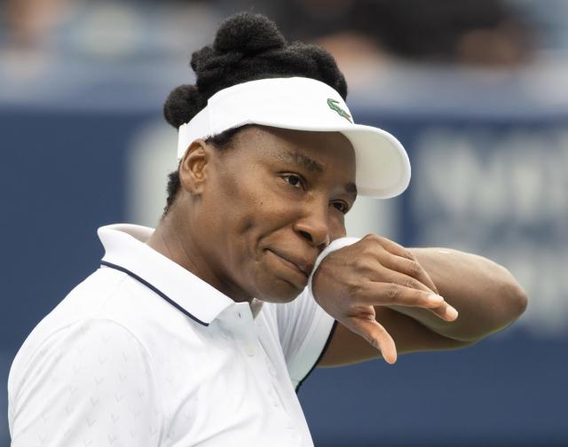 (260803) -- TORONTO, Aug. 3, 2026 (Xinhua) -- Venus Williams of the United States reacts during the first round of the women's singles match between Kamilla Rakhimova of Uzbekistan and Venus Williams of the United States at the 2026 National Bank Open tennis tournament in Toronto, Canada, Aug. 2, 2026. (Photo by Zou Zheng/Xinhua)