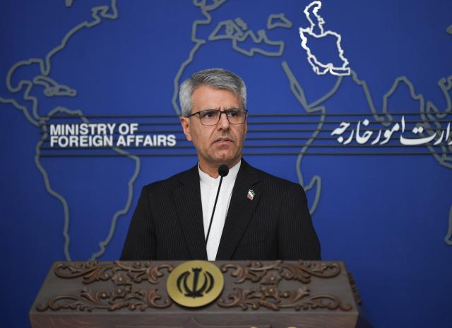(260803) -- TEHRAN, Aug. 3, 2026 (Xinhua) -- Iranian Foreign Ministry spokesman Esmaeil Baghaei speaks at a weekly press conference in Tehran, Iran, on Aug. 3, 2026. Baghaei said Monday negotiations between Iran and Oman are focused on reaching an agreement on designating a "temporary" route to ensure safe shipping in the Strait of Hormuz.
   He also said at the press conference the country will take every necessary action to hold Ukraine to account for its recent attack on an Iranian vessel. (Xinhua/Shadati)