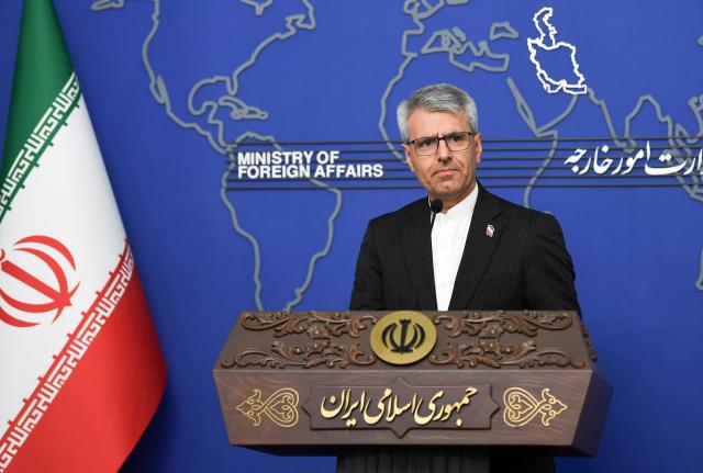 (260803) -- TEHRAN, Aug. 3, 2026 (Xinhua) -- Iranian Foreign Ministry spokesman Esmaeil Baghaei attends a weekly press conference in Tehran, Iran, on Aug. 3, 2026. Baghaei said Monday negotiations between Iran and Oman are focused on reaching an agreement on designating a "temporary" route to ensure safe shipping in the Strait of Hormuz.
   He also said at the press conference the country will take every necessary action to hold Ukraine to account for its recent attack on an Iranian vessel. (Xinhua/Shadati)