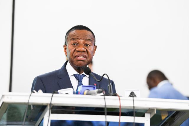 (260803) -- YAOUNDE, Aug. 3, 2026 (Xinhua) -- Cameroon's Minister of Higher Education Jacques Fame Ndongo addresses the launching ceremony of Seagull Talent Program in Yaounde, Cameroon, Aug. 3, 2026. China First Highway Engineering Co., Ltd. (CFHEC) launched a training initiative Monday to build local expertise in Cameroon. The Seagull Talent Program was launched in the capital, Yaounde, with senior Cameroonian government officials, Chinese diplomats, faculty from the National Advanced School of Public Works (ENSTP), and the trainees in attendance. The 10-day course brings together 54 participants, including 24 local project staff and 30 ENSTP students. (Xinhua/Kepseu)