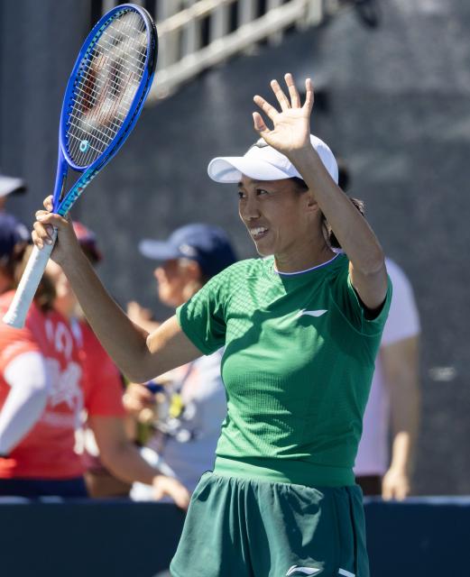 (260804) -- TORONTO, Aug. 4, 2026 (Xinhua) -- Zhang Shuai of China celebrates victory after the first round of the women's singles match between Yulia Putintseva of Kazakhstan and Zhang Shuai of China at the 2026 National Bank Open tennis tournament in Toronto, Canada, on Aug. 3, 2026. (Photo by Zou Zheng/Xinhua)